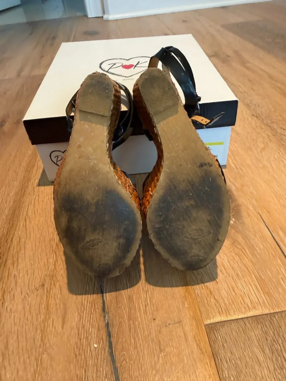 Penny Loves Kenny Black Patent Espadrille Wedges Sandals with Buckle With Box